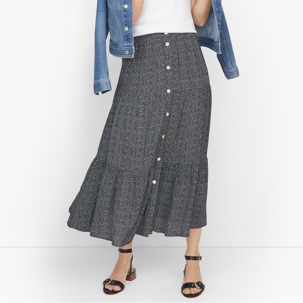 Talbots Y2K Falling Lines Midi Tiered Skirt Navy Ditsy Leaf Print Full Button-M